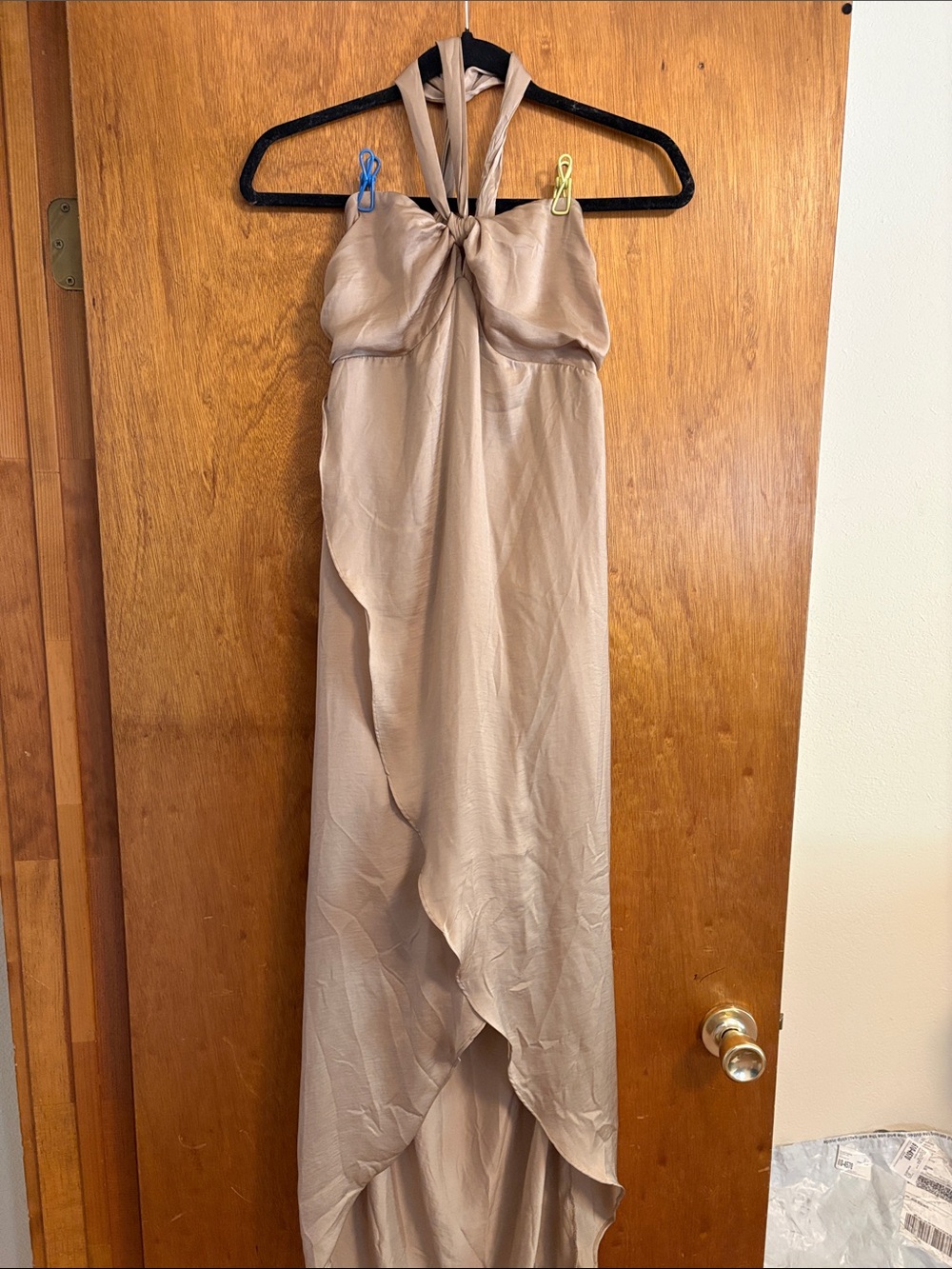 NWT! Taupe Satin-Look Wrap Halter Midi Dress